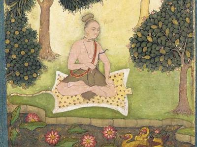 A painting of a Yogi seated on a leopard skin near a lotus pond and in a forest 
