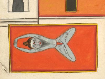 Illustration of a yogi laying on a mat with legs in a lotus posture and the arms stretch overhead.