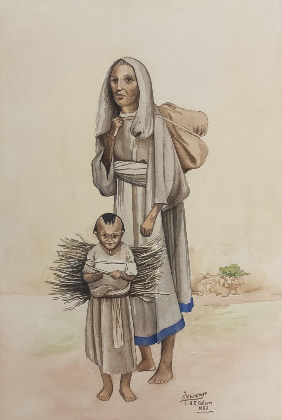 A woman and her child, by Alle Feleghe Selam Hiruy, 1980, Ethiopia