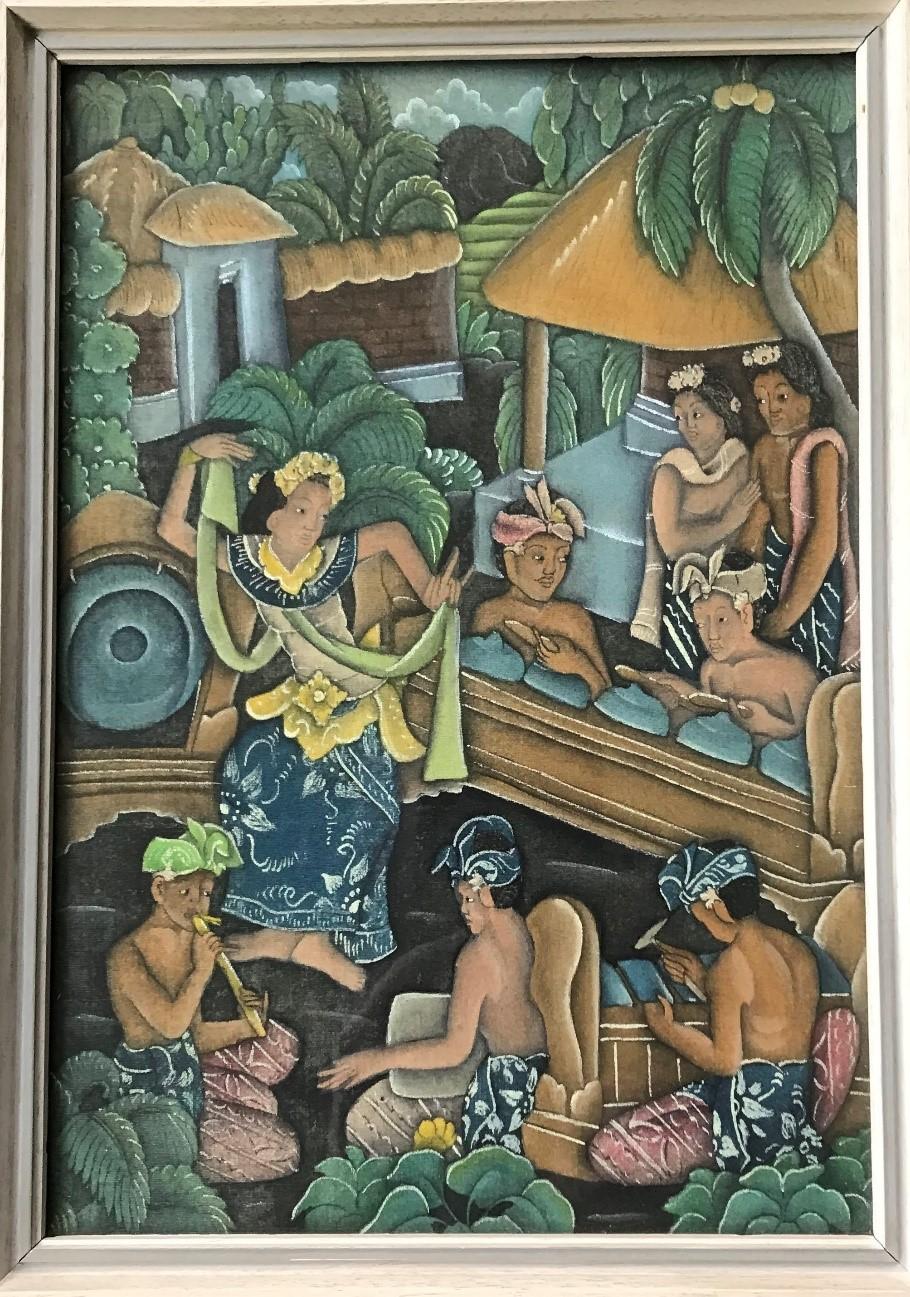 Balinese painting of musicians playing the Gamelan, and a figure dancing, Bali, Indonesia, probably 20th century
