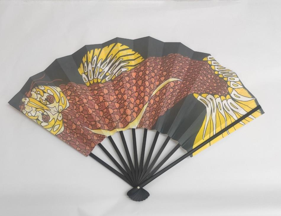 Black fan with a dragon design and stand, Valentina Bottari and Ishizumi & Co, 2012