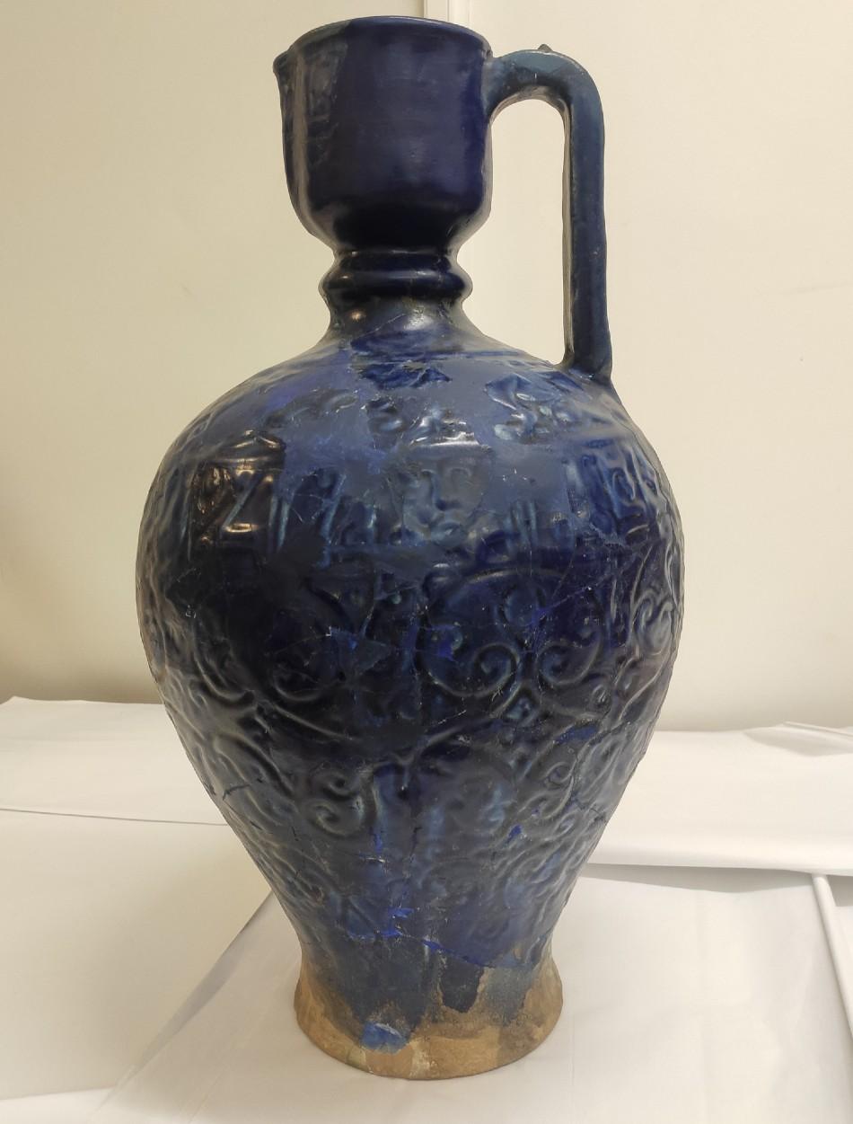 Cobalt blue glazed ewer, likely Kashan, Iran, 12-13th Century, Seljuk Dynasty