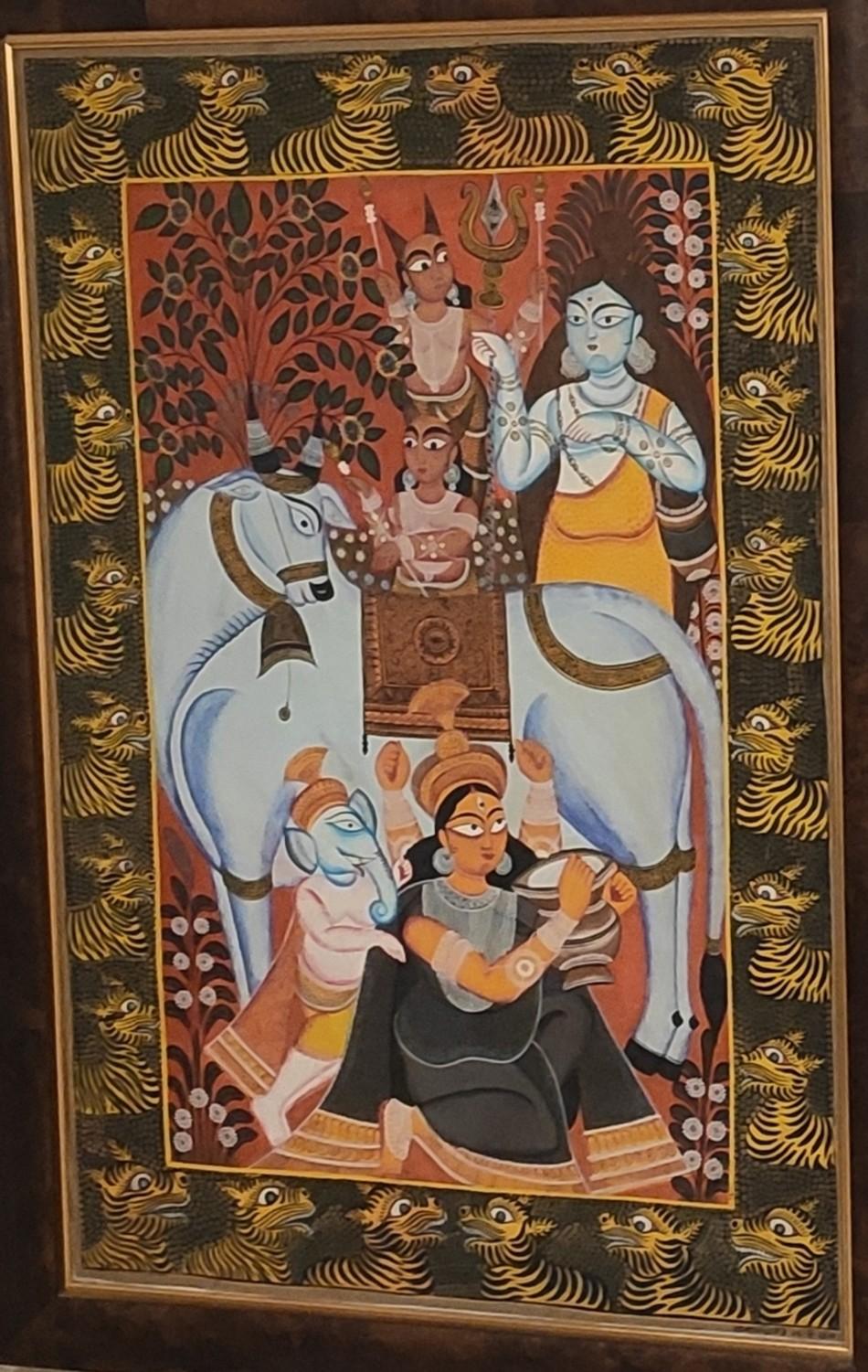 Shiva, Parvati, Ganesh, Nandi and two Consorts, Rahman Chitrakar, 2011, West Bengal, India 