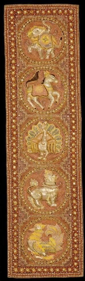 Shwe-chi-hto (embroidered tapestry) of five animals, Myanmar (Burma), 1980s