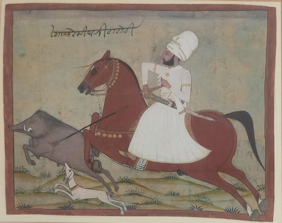 Thakur Sher Singh of Tantoti hog hunting, 1820, Rajasthan, India 
