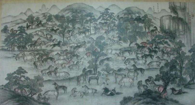 The One Hundred Horses, by Mei Qi, ink on silk paper, China, early 20th century