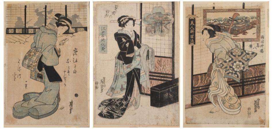 Three Bijin (beautiful woman) Ukiyo-e prints, Japan, by Keisei Eiren, early 19th century. 