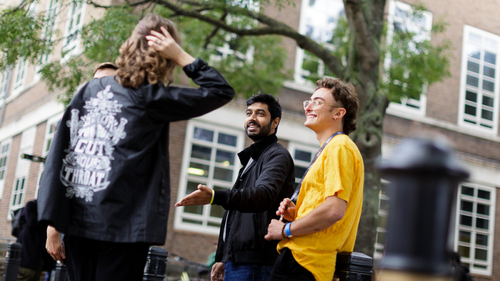 Students talking outside SOAS Main Building