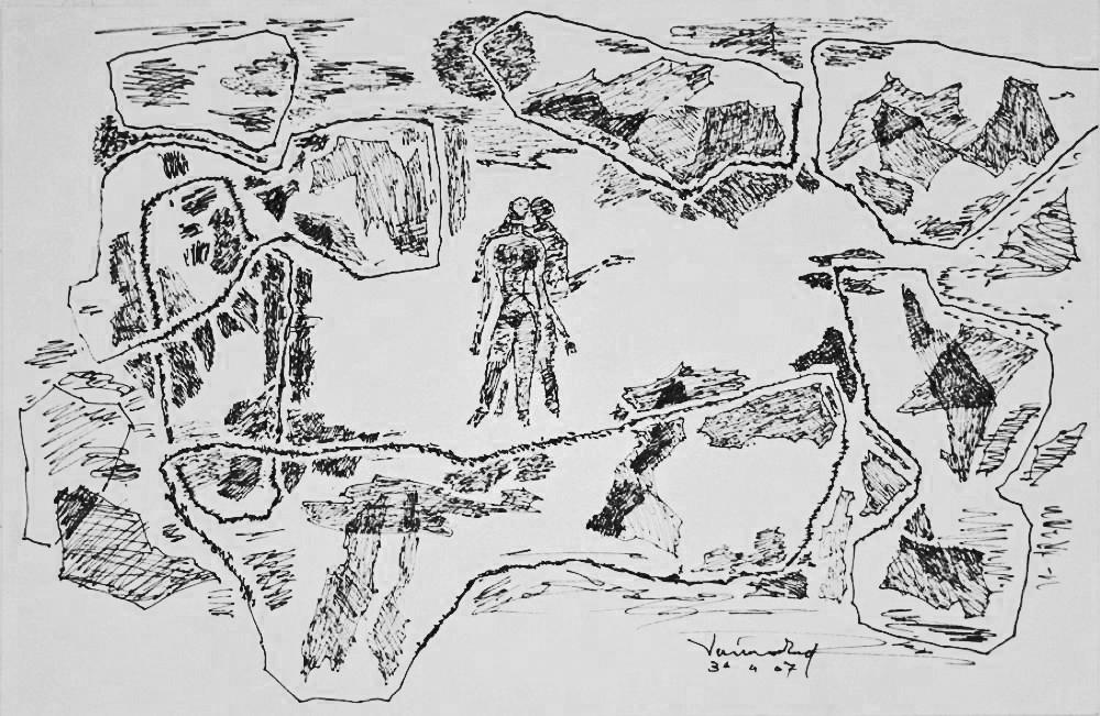 A.P. Santhanaraj, 'Untitled (Figures in landscape)', Pen and ink on paper, 2007