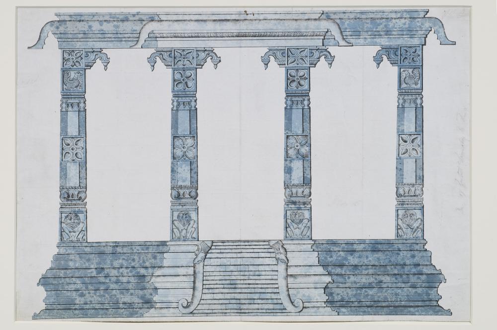 A detailed drawing of four architectural columns, painted in light blue.