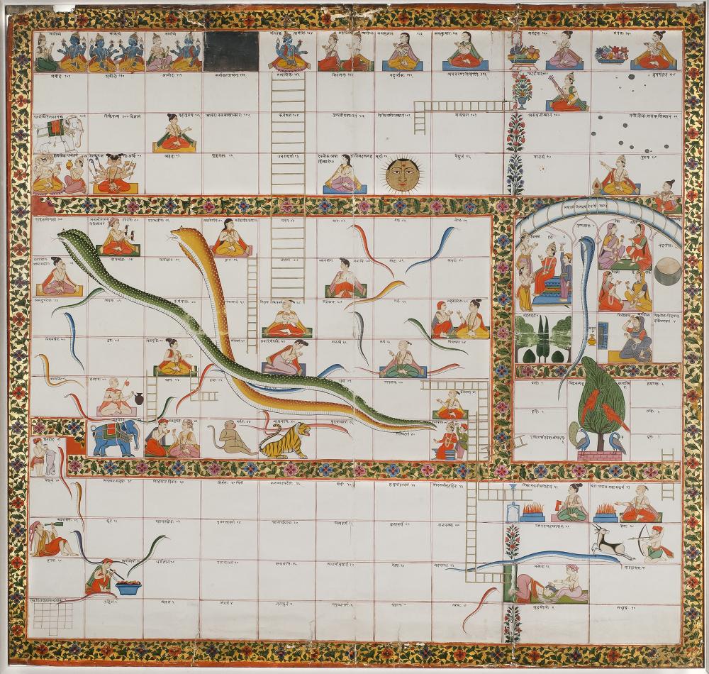 A painting of a snakes and ladders board, a boarder of gold and detailed patterning surrounds the whole picture. Large snakes crisscross the baord and figures of people, other animals such as monkeys and trees populate the grid. 