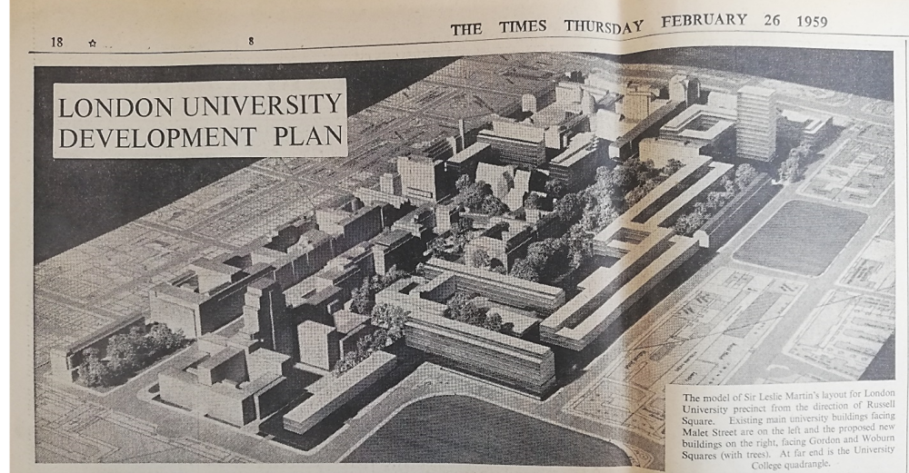 Article in The Times, showing Leslie Martin’s redevelopment plans, 26 February 1959. The SOAS building is the long block in the centre running perpendicular to the Bedford Way buildings to the right of the scheme. © The Times. SOAS Archives, SOAS/EST/01/03/01/17/01
