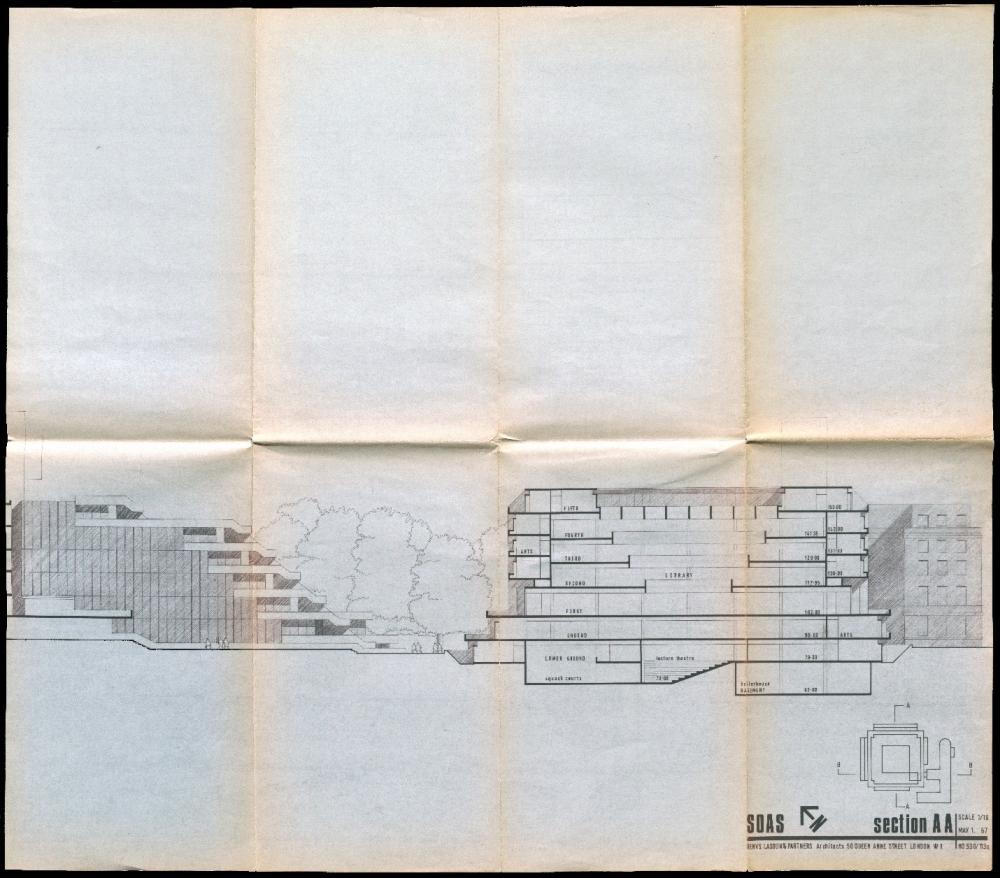 Section AA of the new SOAS building by Denys Lasdun & Partners, May 1967. Diazo print. © The Lasdun Estate. SOAS Archives, SOAS/EST/01/03/01/15/09/07