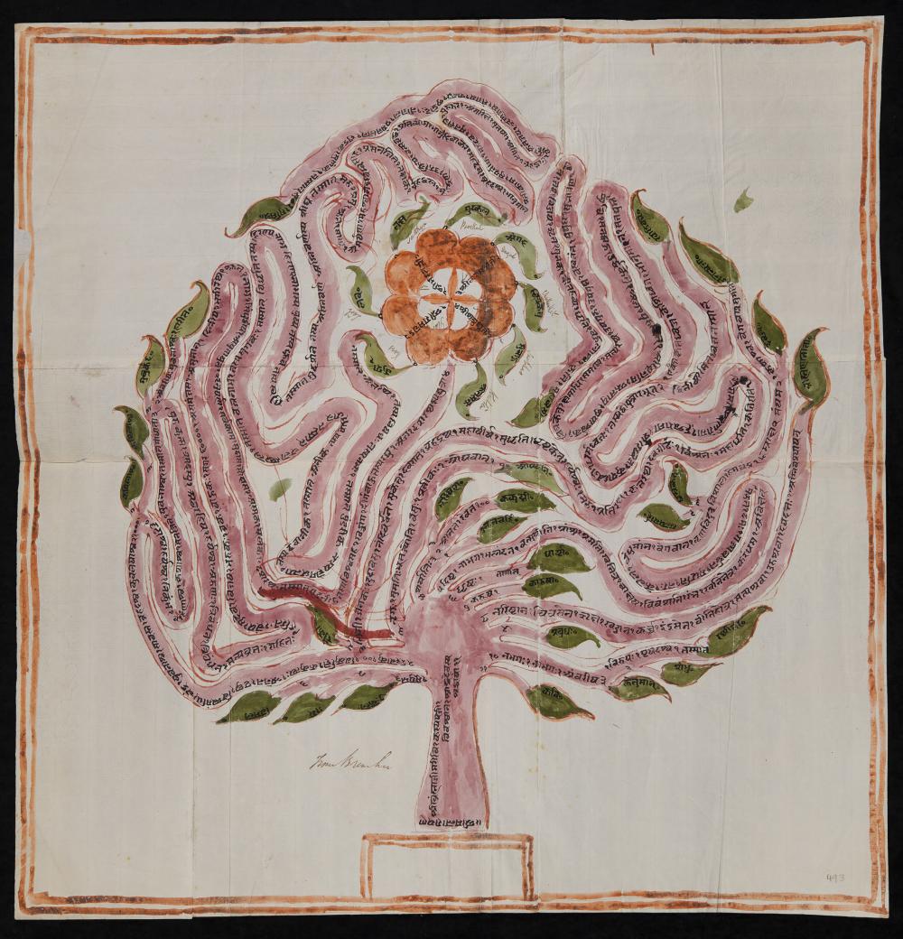 A painting of a pint tree shape with green leaves swirling round it, an orange flower shaped symbol is in the center. 