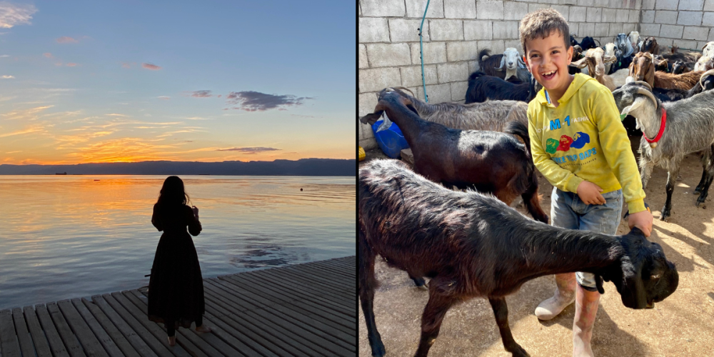 Two photos featuring a woman on a dock looking at the sunrise and a boy smiling next to a goat.