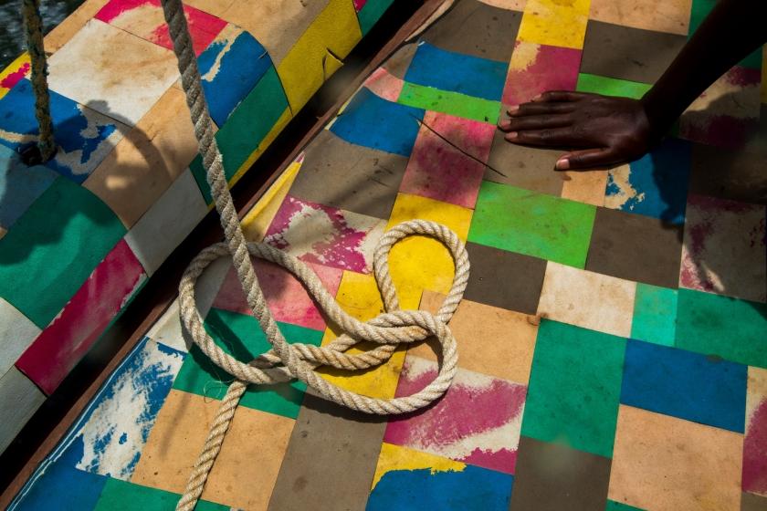 A close up of a boat made using flip flops