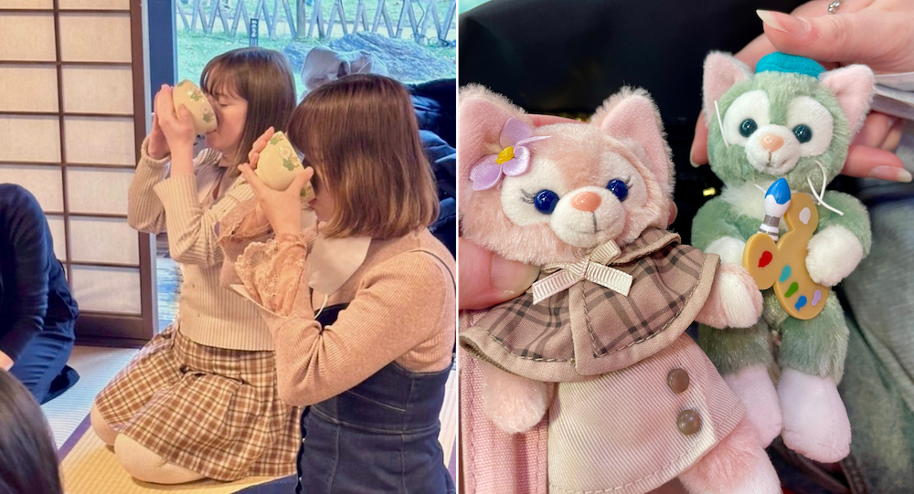 Two pictures of Rebecca's time in Japan, featuring tea-drinking ceremony and cat toys.