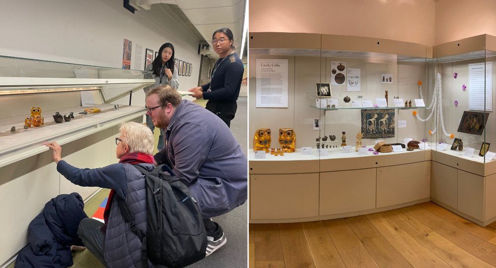 Professor Moore showing students her collection