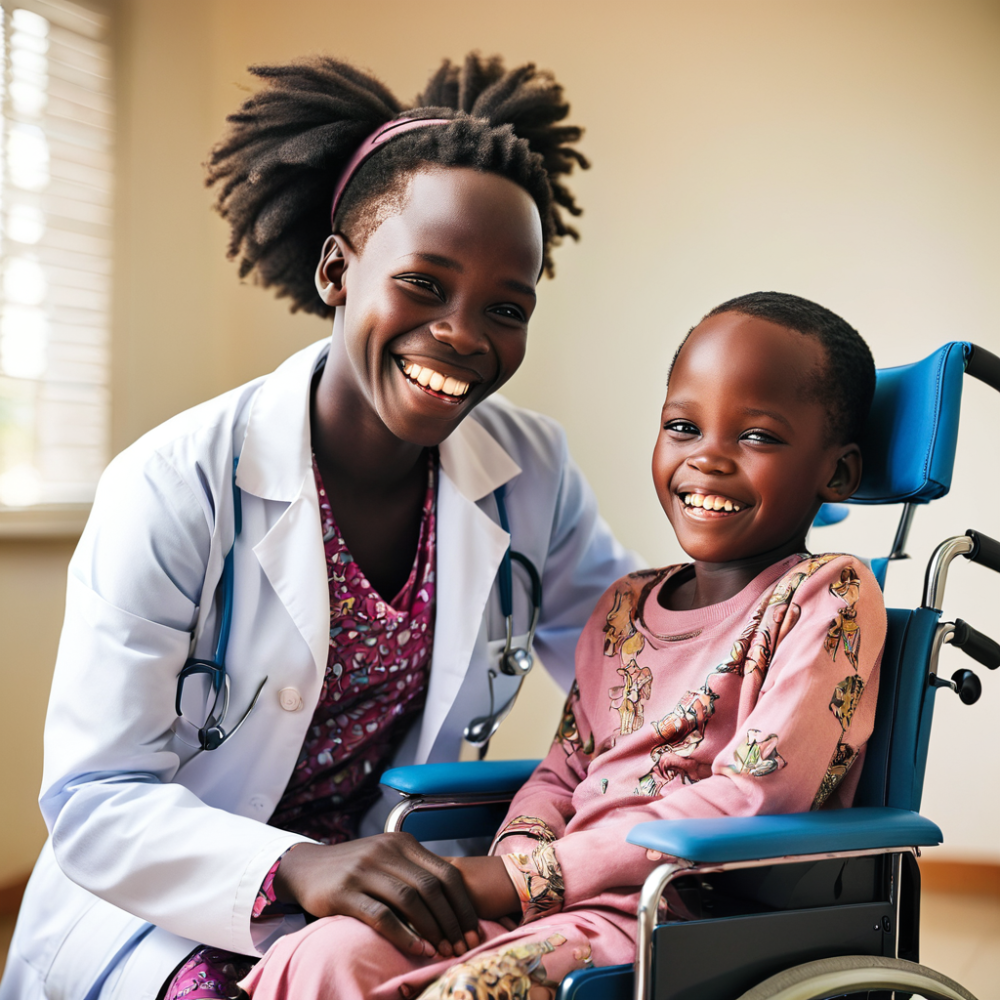 Doctor next to a child in a wheel chair 