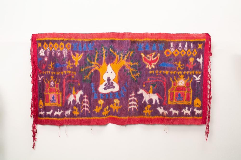 Linda Sok, Deities in Temples III, 2023, Visuals drawn by family members, silk threads (printed then woven), dye, 34 x 66 inches. Image courtesy the artist.