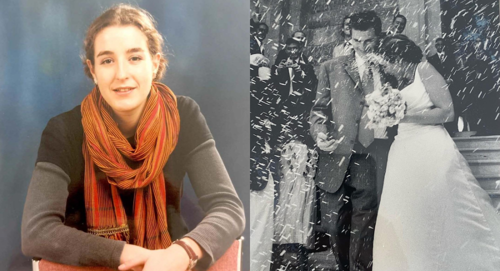 Two photos. One of Emmi as a student at SOAS. One of Emmi and Rob getting married. 