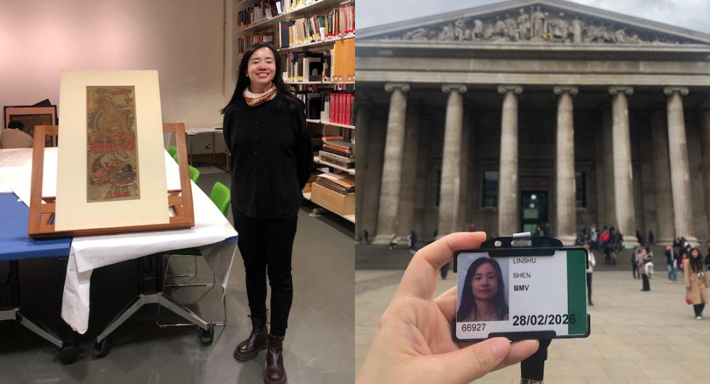 Linshu posing in the Asian study room and holding up her volunteer lanyard at the British Museum. 