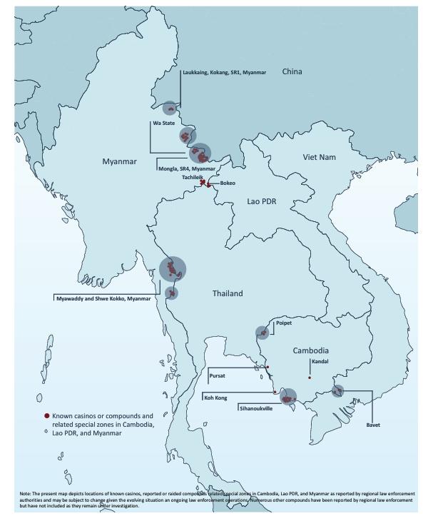 Map of South East Asia with scam centres highlighted across the border of Myanmar, Cambodia, and Thailand