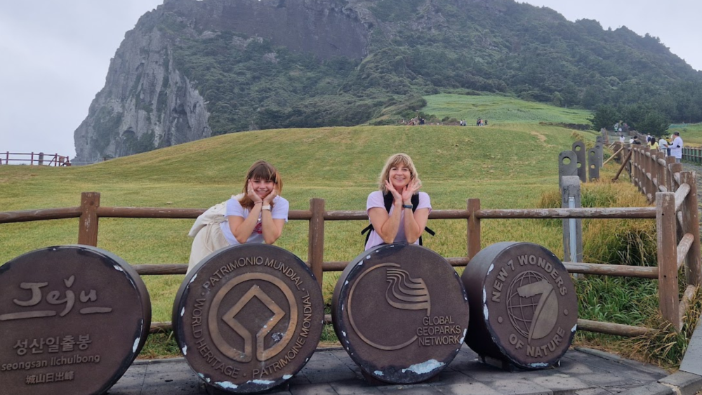 Lindy Coxon and daughter Mollie at Seongsan Ilchulbong, Jeju