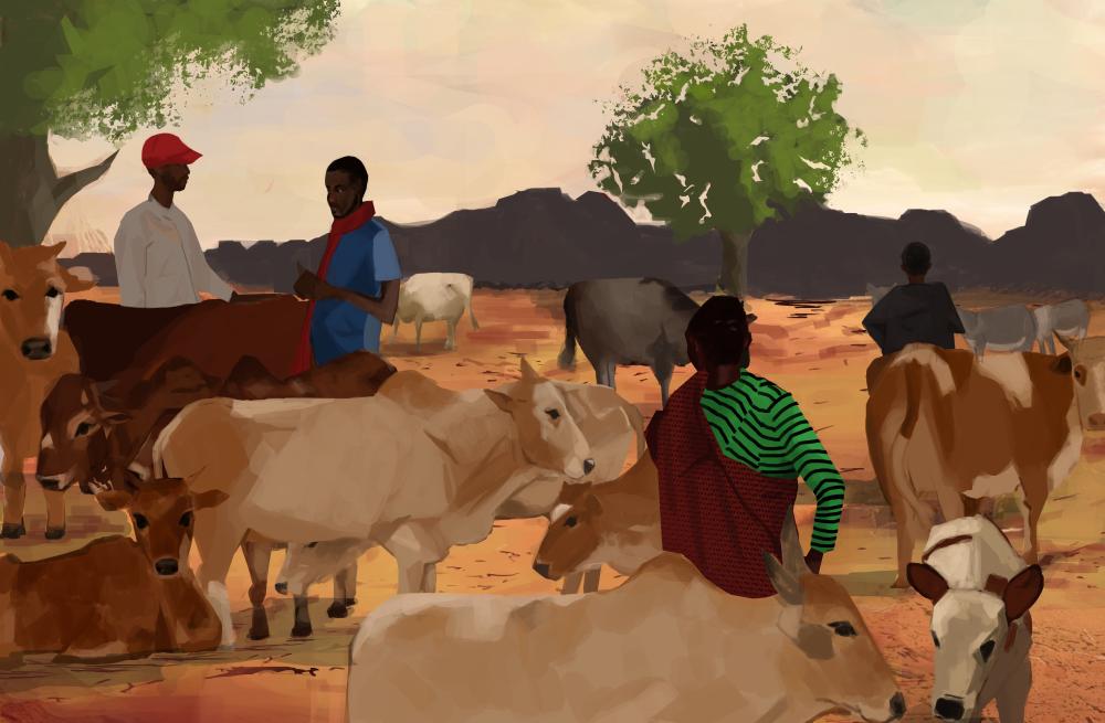 men with cows in a landscape