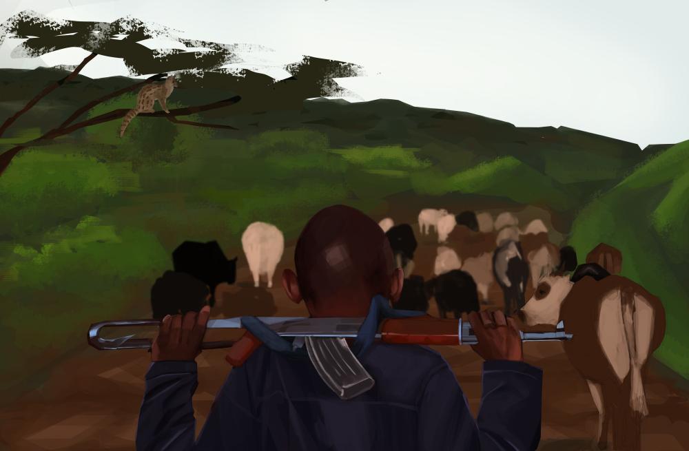 man with cows and a rifle in a landscape