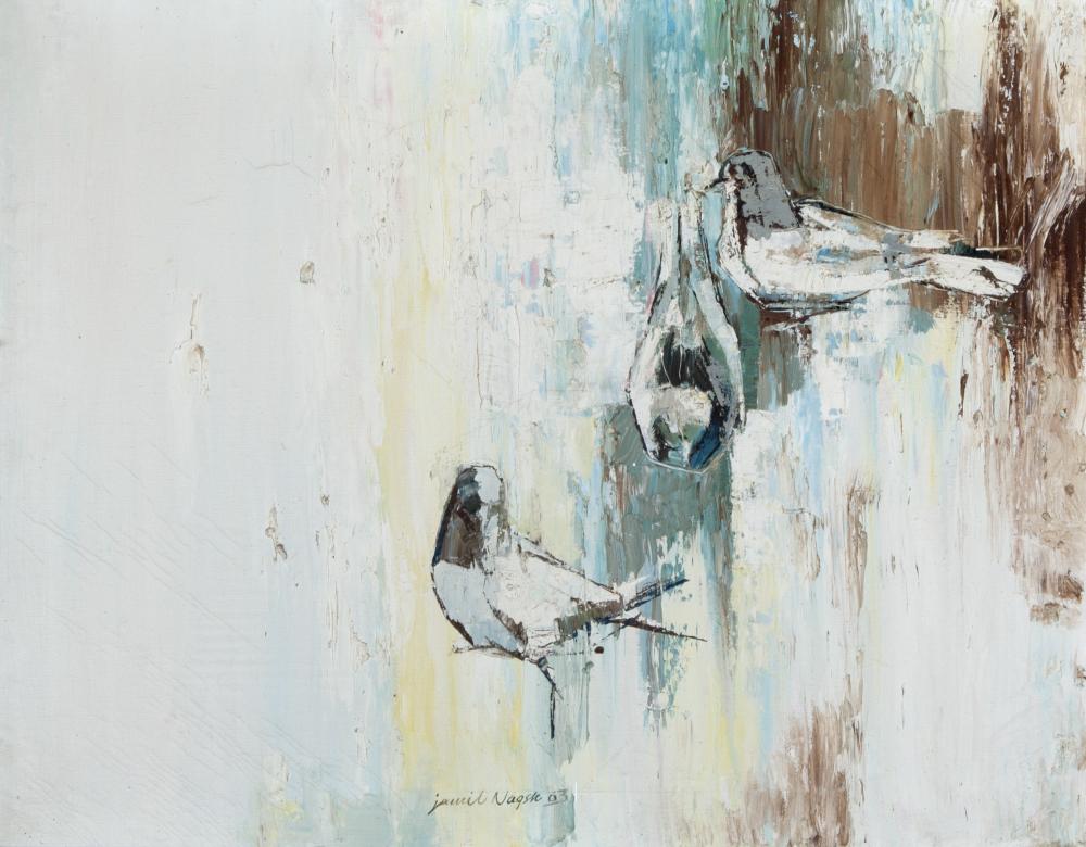 contemporary oil painting of three pigeons