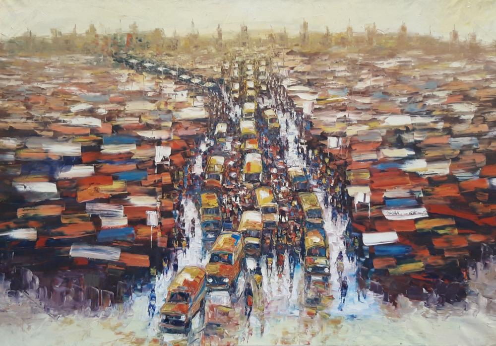 oil painting of a city scene in Nigeria
