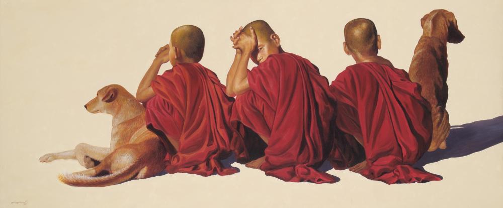 Painting of three monks and two dogs from Myanmar