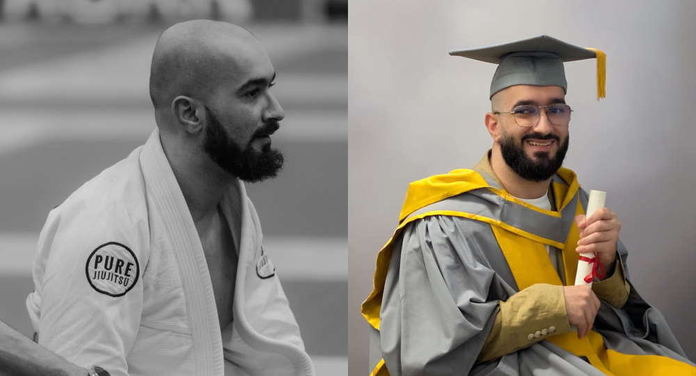 Two pictures of Ali Golchin, one in Brazilian Jiu-Jitsu outfit and one at graduation