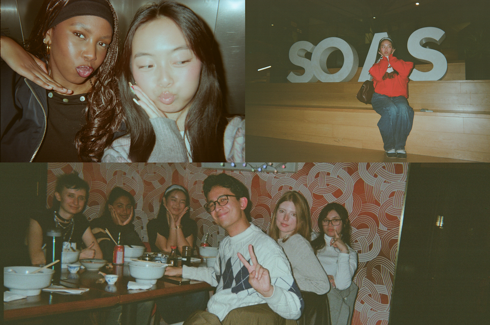 Collage of three images: two friends pose, a person sits near large "SOAS" letters, and a group enjoys a meal at a restaurant.