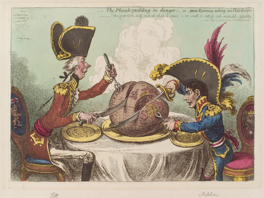 Etching of Napoleon and Pitt slicing up a plum pudding