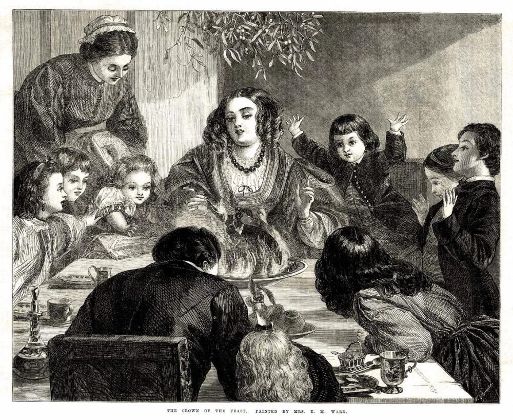 A Victorian family Christmas scene at dinner 