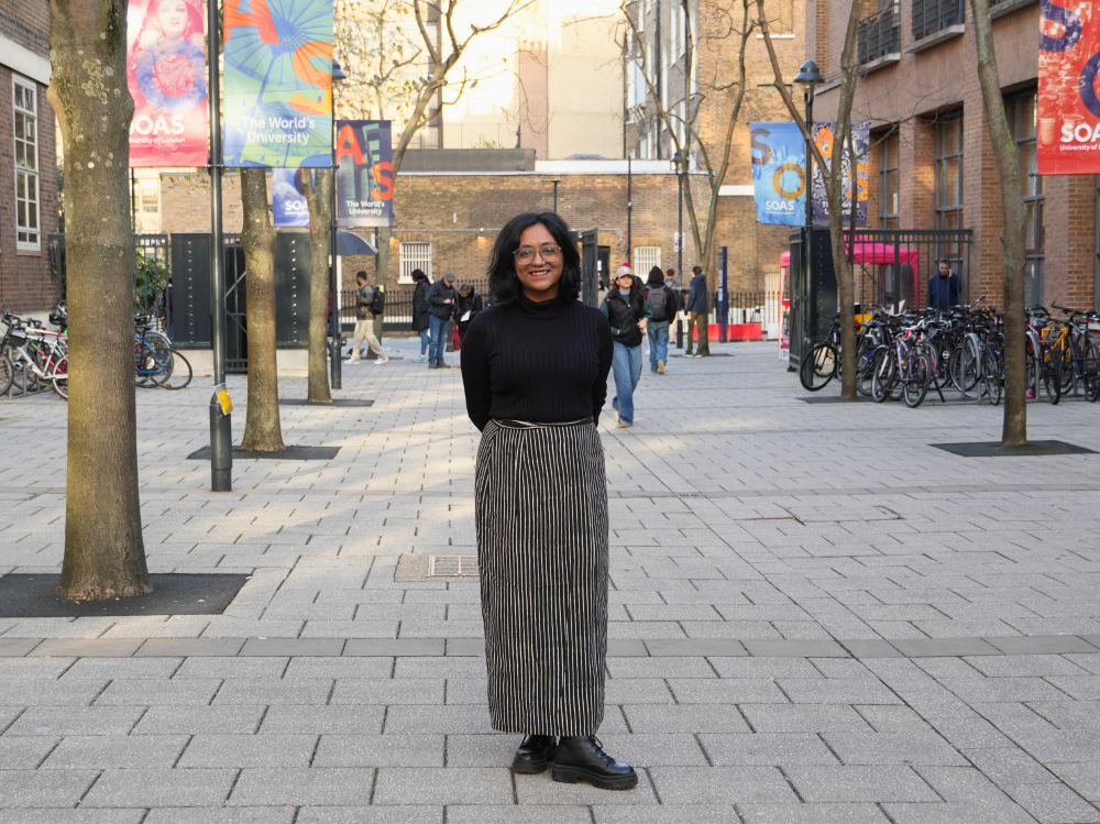 Amala Dasarathi standing in the precinct at SOAS
