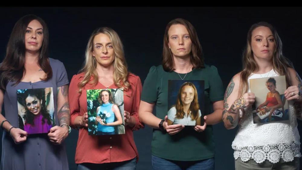 Epstein survivors hold photographs of themselves as children during a World Without Exploitation video testimony, November 2025