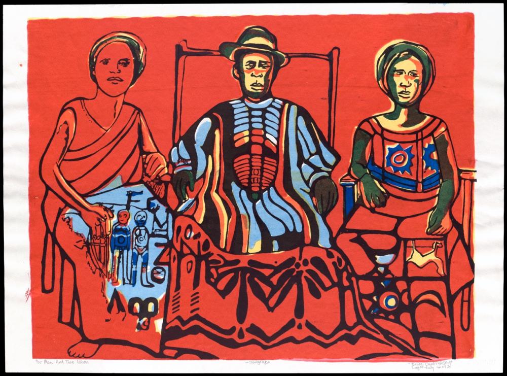 A red painting of a man with two wives