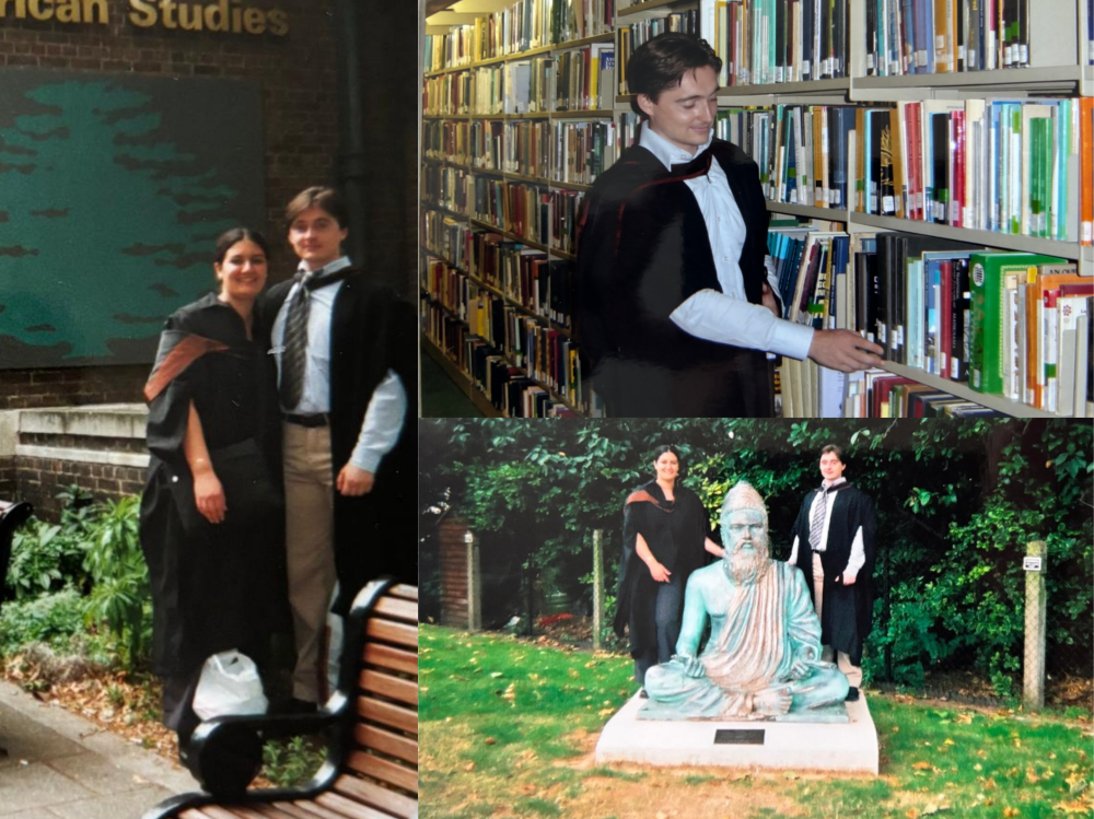 A collage of graduation‑themed photos: two people in academic gowns standing outside near a sign for Asian Studies; a person in a graduation gown selecting a book from shelves in a library; and two people in academic gowns posing beside an outdoor statue of a seated figure.