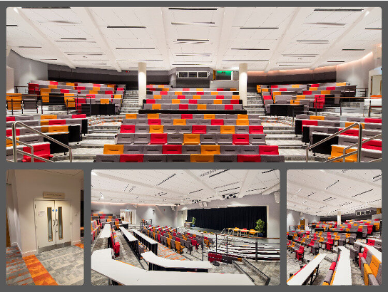 Four images: top shows a lecture hall with seating in grey, red, and yellow sections; bottom left shows double doors; bottom center and right show the same lecture hall from different angles.