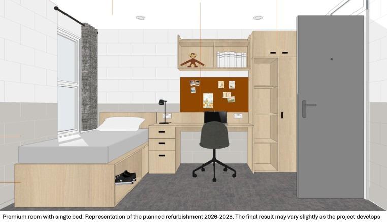 Wood Green Premium room with single bed. Representation of the planned refurbishment 2026-2028. The final result may vary slightly as the project develops
