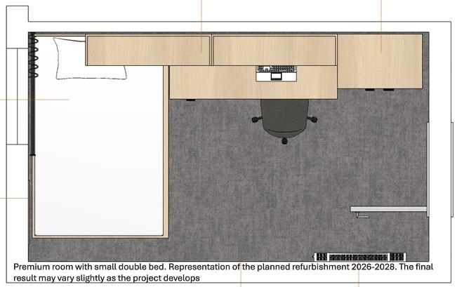 Wood Green Premium room with small double bed. Representation of the planned refurbishment 2026-2028. The final result may vary slightly as the project develops