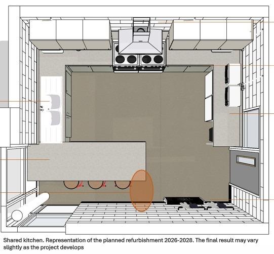 Wood Green Hall shared kitchen. Representation of the planned refurbishment 2026-2028. The final result may vary slightly as the project develops