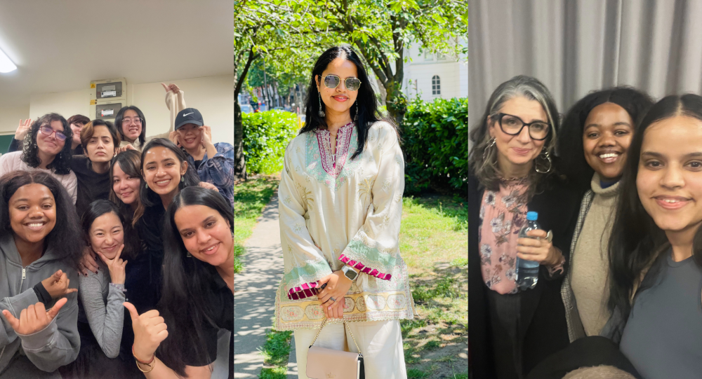 Three pictures showing Nancy smiling and posing with friends