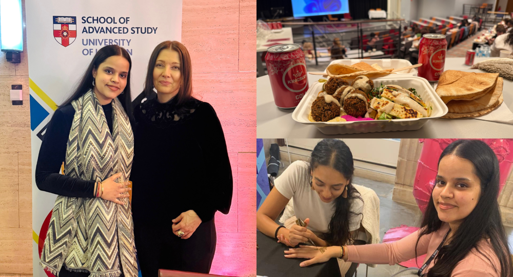 Three pictures showing Nancy with Elif Shafak, her having henna and her food