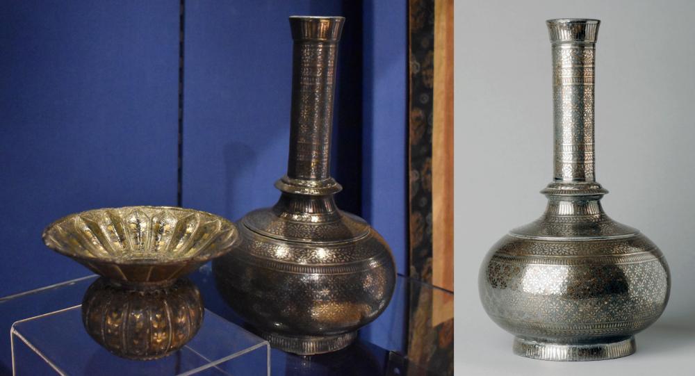 A bidriware pot and a bidriware flask in the SOAS Collections.