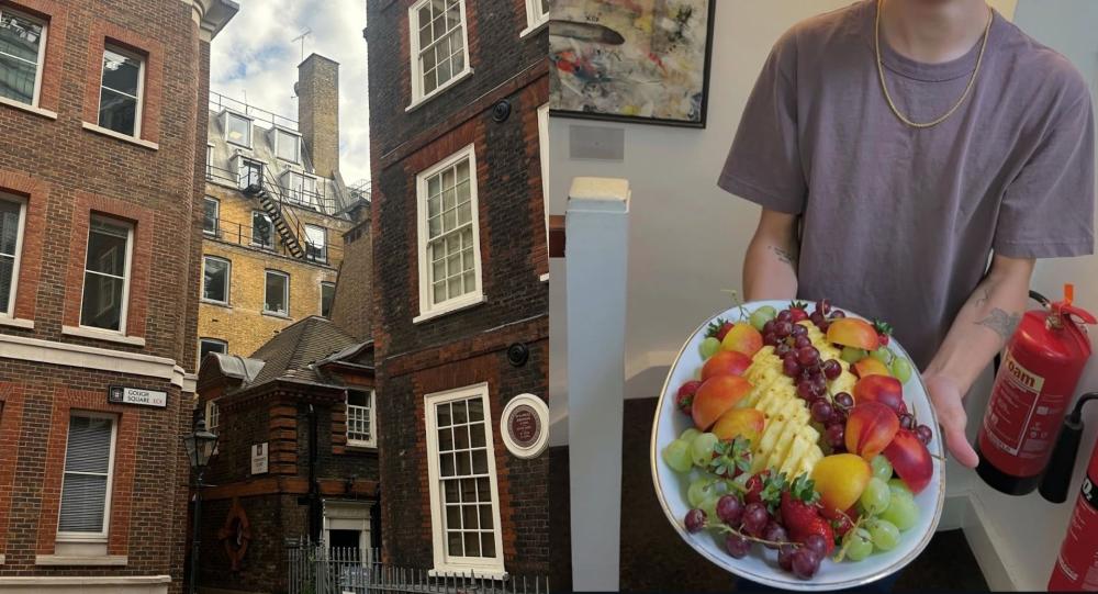Split image: historic brick city buildings with fire escapes beside a person holding a colourful fruit platter.